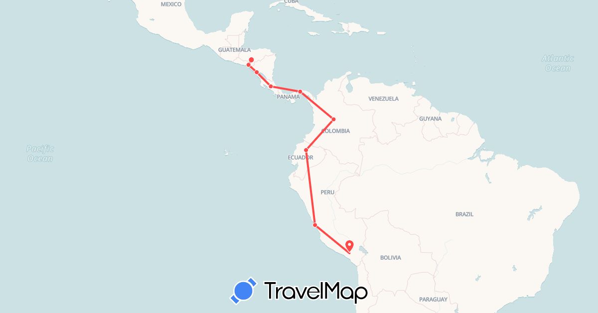 TravelMap itinerary: driving, hiking in Colombia, Costa Rica, Ecuador, Honduras, Nicaragua, Panama, Peru (North America, South America)
